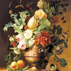 Roses, a Tulip, a Peony, Marigolds, Hollyhocks by Johannes Hendrick Fredriks